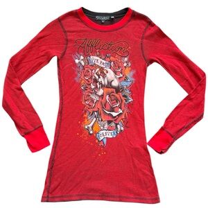 NWT Affliction Black Label Small Red Thermal Long Sleeve Shirt With Skulls